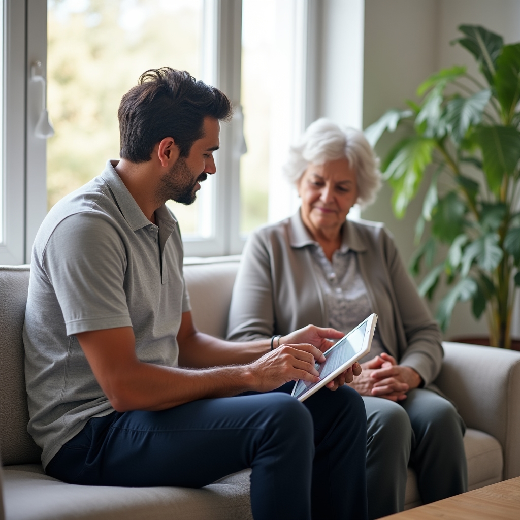 Physiotherapeut dokumentiert am Tablet beim Hausbesuch